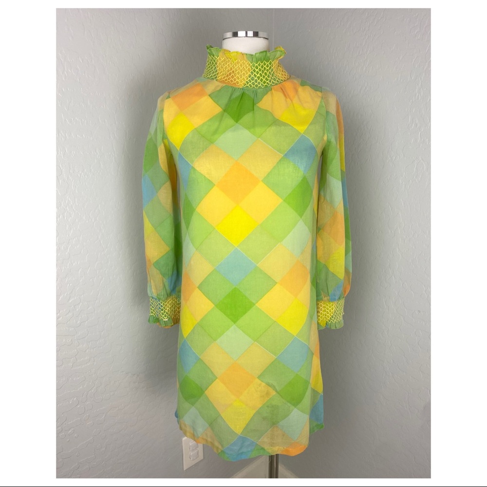 Vintage Terri Petites Green Yellow & Orange Plaid Long Sleeve Dress